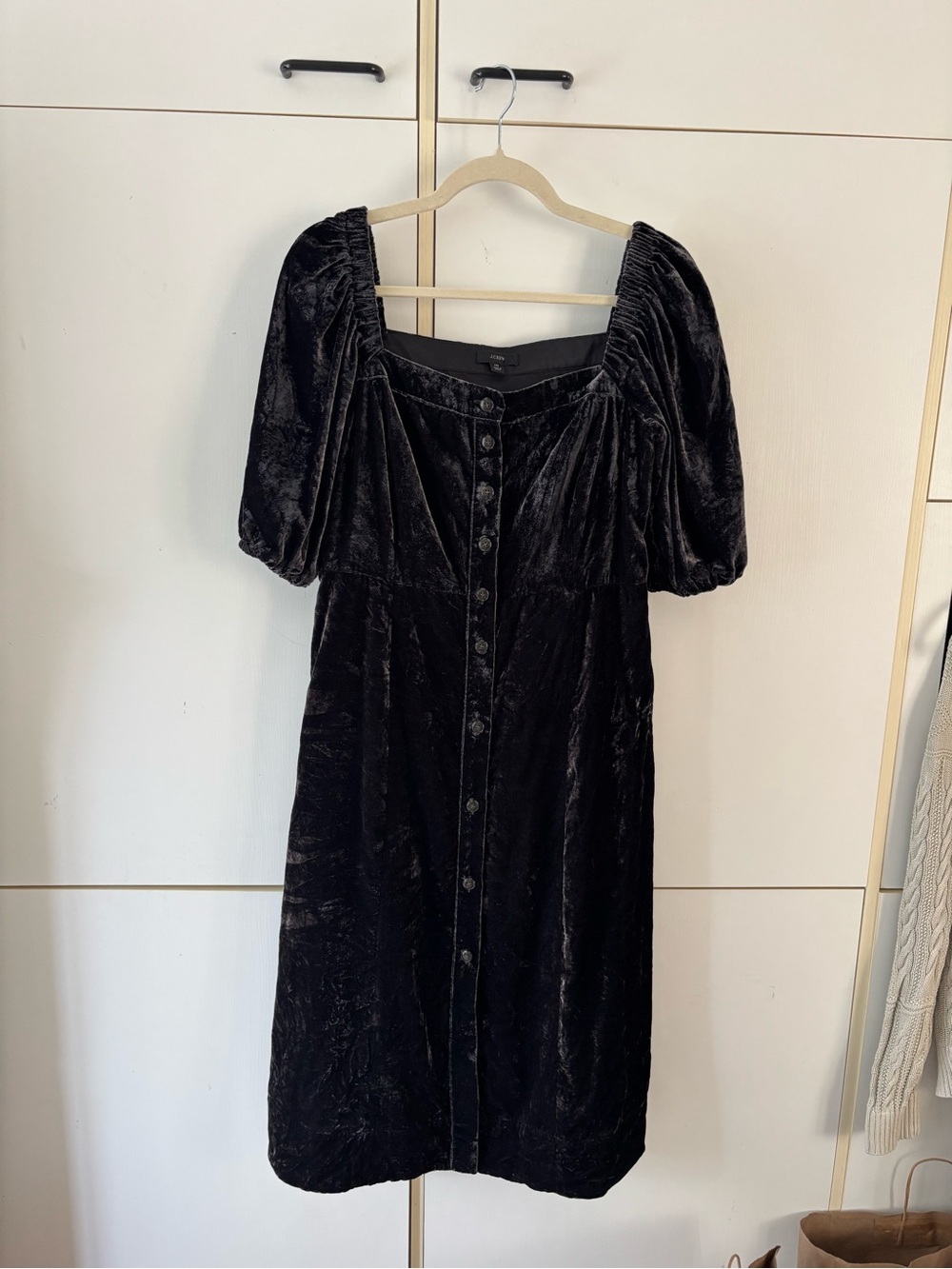 J.Crew Black Velvet Puff Sleeve Midi Dress Cottagecore Gothic Size 10 Office - Picture 2 of 15